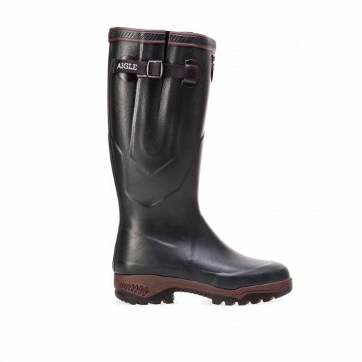 Black rubber anti-fatigue boots with a sturdy brown sole, featuring a buckle strap and a textured grip, designed for comfort and durability in outdoor conditions.
