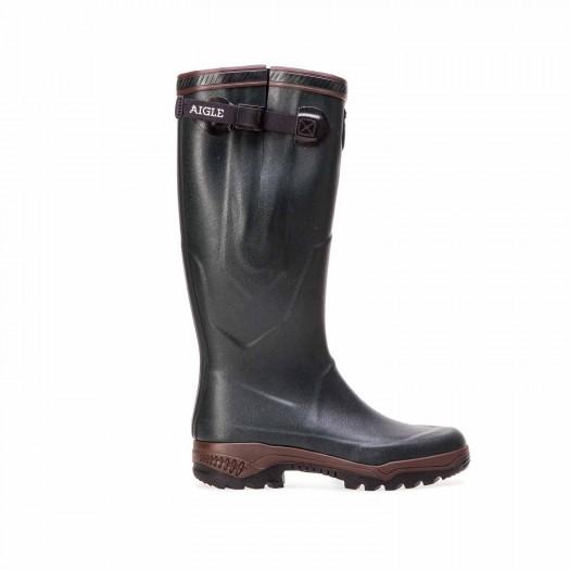 Tall, dark green anti-fatigue boots with a textured rubber sole, featuring a brown trim and adjustable buckle, designed for comfort and durability.