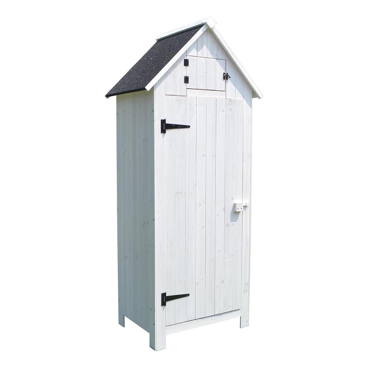 Tall white garden storage unit with a sloped roof, wooden planks, a small vent, and black metal hinges, designed for outdoor use.