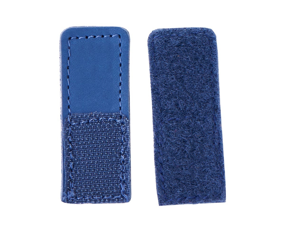 Blue Ali Strap Extensions by Cosyfeet, featuring a smooth leather side and a textured velcro side for secure fastening, designed to enhance shoe fit and comfort.