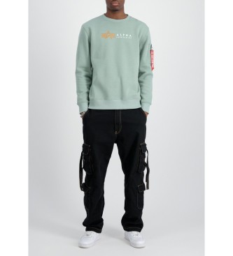 Mint green sweatshirt featuring the Alpha Industries logo in orange, with ribbed cuffs and hem, paired with black cargo pants and white sneakers.