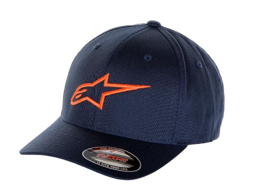 Blue and orange Alpinestars Ageless Cap featuring a prominent orange star logo, made of durable fabric, with a classic curved brim and adjustable fit for men, size S/M.