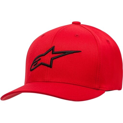 Red baseball cap with a black embroidered Alpinestars logo on the front, featuring a structured crown and a curved visor, made from a durable fabric.