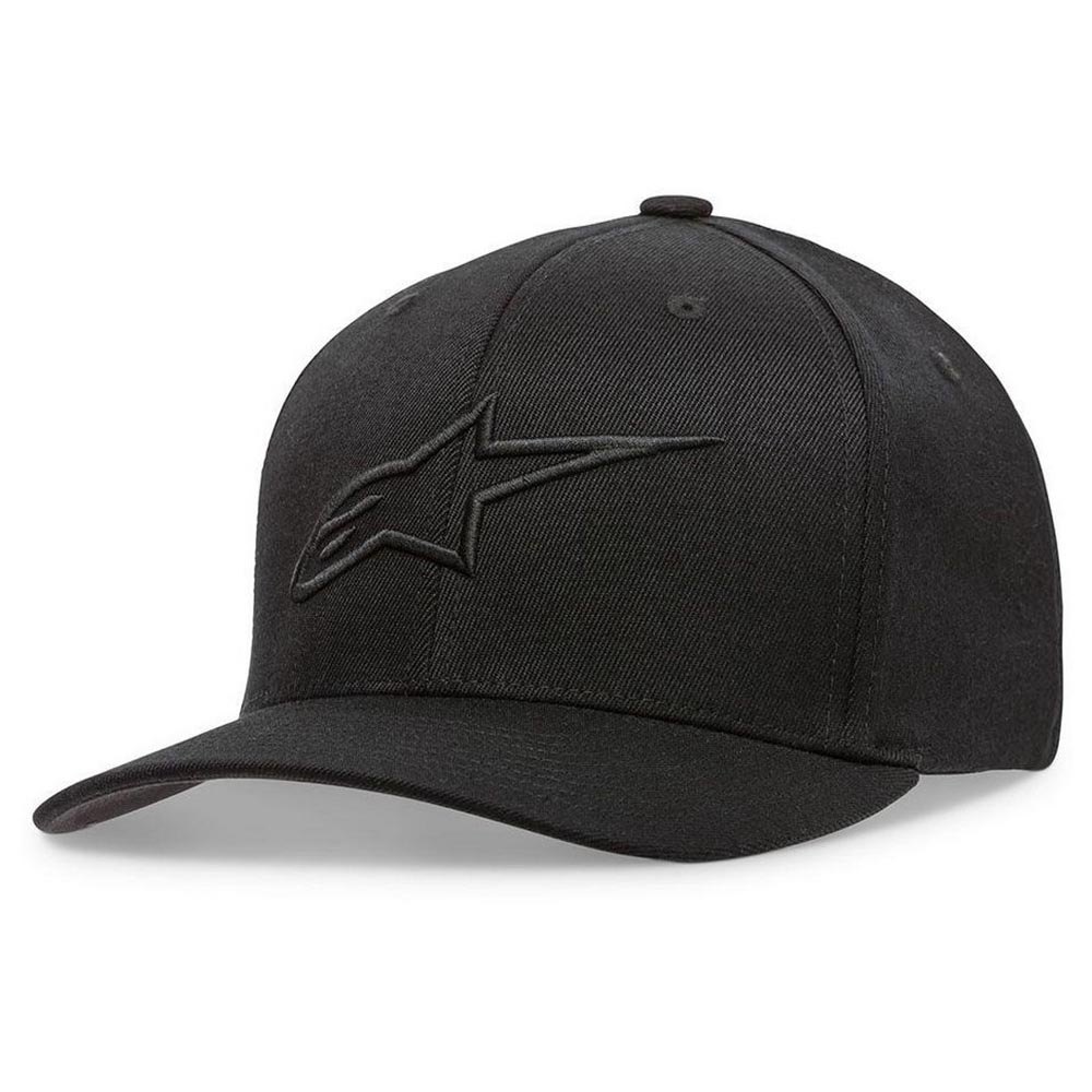 Black Alpinestars Ageless Curve Cap in XXL/3XL, featuring a sleek design with a raised black logo on the front and a curved brim, made from durable material.