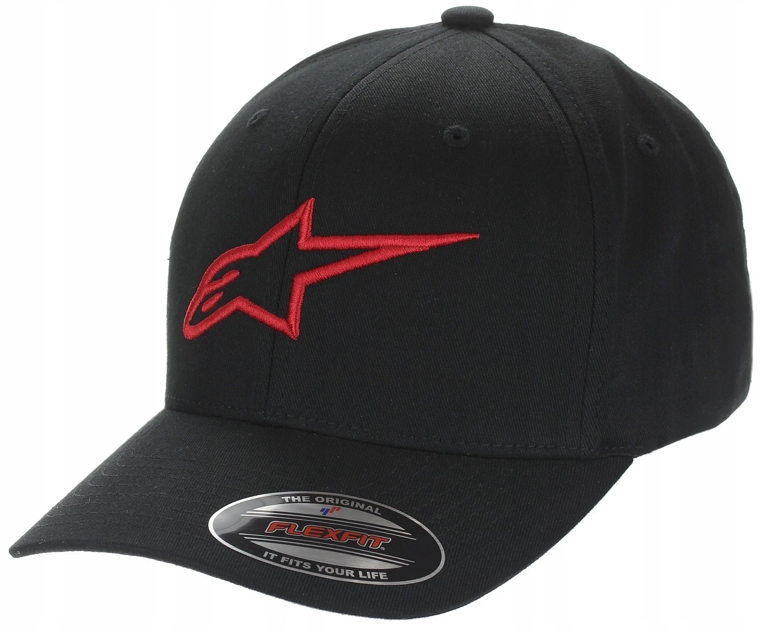 Black cap featuring a red Alpinestars logo, made from flexible material, with a curved brim and a tag indicating it is a Flexfit style, designed for XXL/3XL sizes.