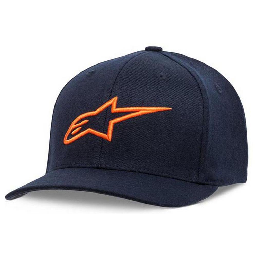 Navy blue cap featuring an orange Alpinestars logo embroidered on the front, made from a durable material with a structured fit and a curved brim.