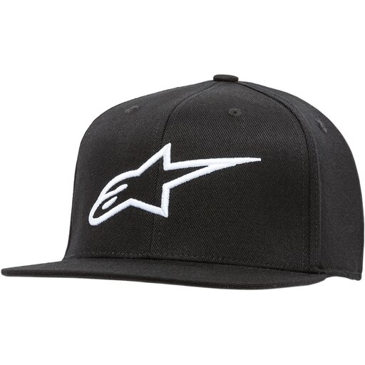 Black and white Alpinestars Ageless Flat Cap, featuring a prominent white logo, made from durable material, designed for men in size L/XL.