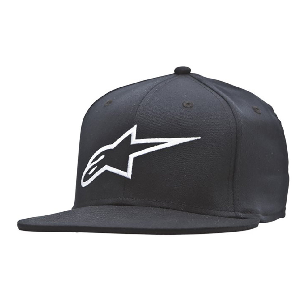 Black and white Alpinestars Ageless Flat Cap featuring a prominent white logo on the front, made of durable material, with a flat brim and adjustable size for men.