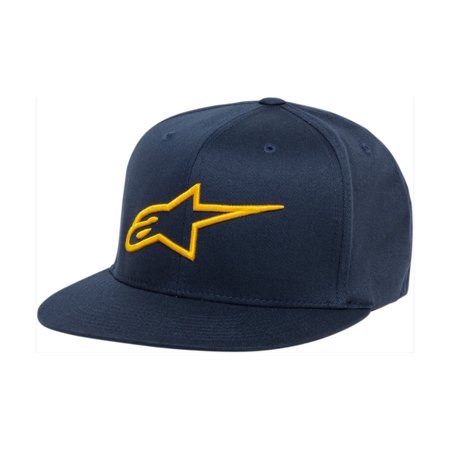 Navy flat cap featuring a gold embroidered Alpinestars logo, made from durable material with a structured brim and adjustable fit for sizes S/M.