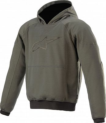 Military green melange Alpinestars Ageless motorcycle hoodie in XXL, featuring a ribbed hem, kangaroo pocket, and embossed logo on the chest.