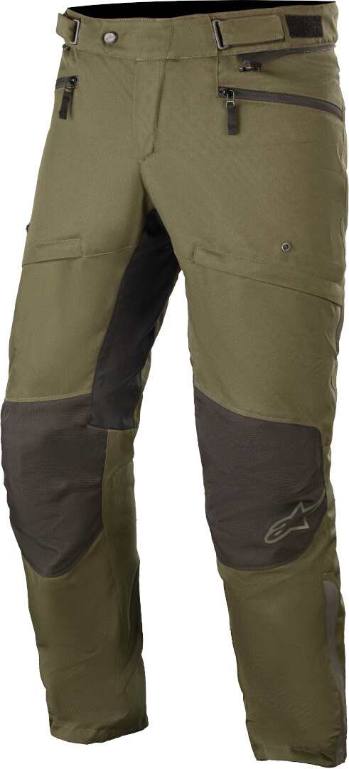Alpinestars AST-1 V2 motorcycle trousers in forest black and olive green, featuring reinforced knee panels, multiple pockets, and a durable material for enhanced protection.