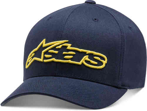 Navy blue Flexfit cap featuring a prominent yellow Alpinestars logo on the front, crafted from a breathable material with a curved brim.