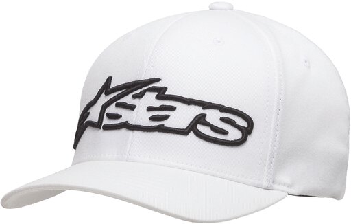 White Flexfit cap featuring a prominent black embroidered "stars" logo on the front, designed by Alpinestars, in size L/XL.