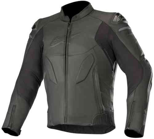 Black leather Alpinestars Caliber jacket in size 56, featuring a sleek design, padded shoulders, and mesh inserts for ventilation.