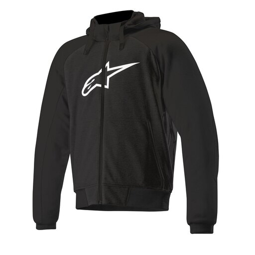 Black Alpinestars Chrome Sport Motorcycle Hoodie in XXL, featuring a zip-up front, hood, and white logo on the chest, made from a comfortable, durable material.