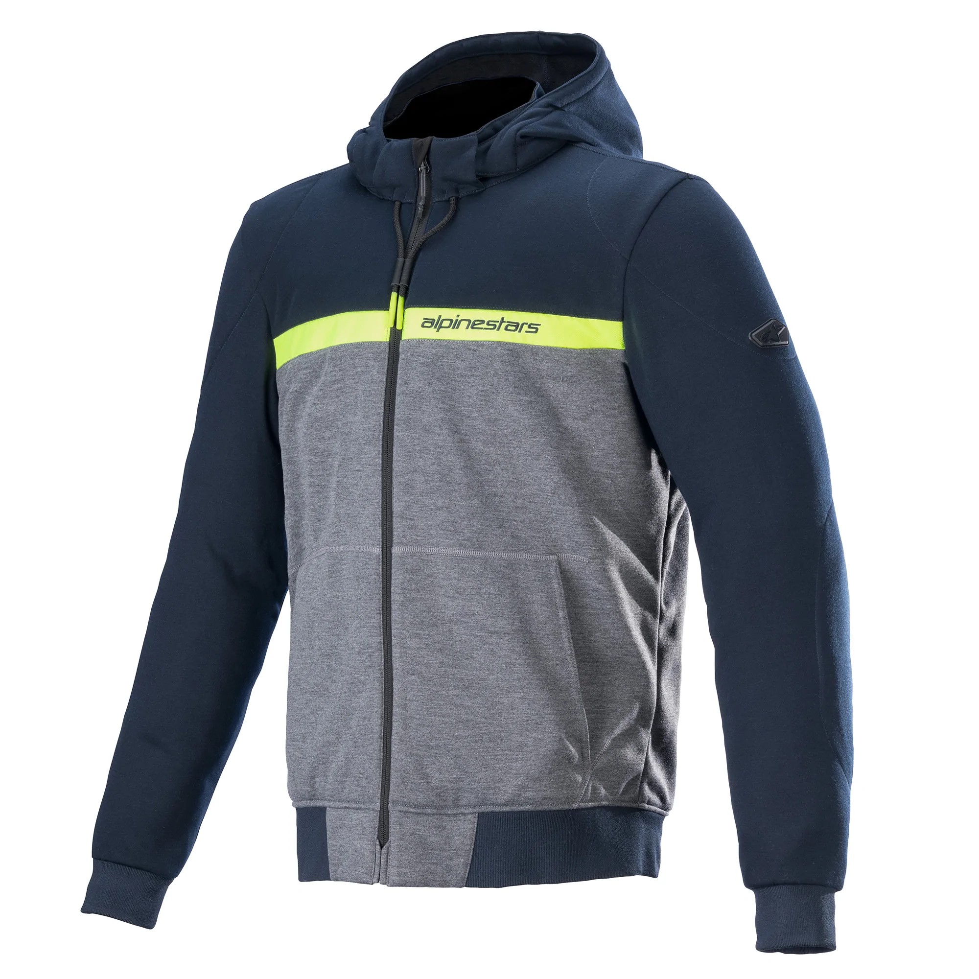 Dark navy and grey Alpinestars Chrome Street Motorcycle Hoodie features a zip front, adjustable hood, and reflective yellow stripe across the chest for visibility.