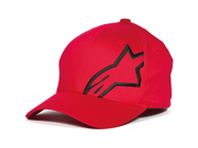 Red Flexfit cap with a black Alpinestars logo on the front, featuring a curved brim and made from breathable material, designed for a comfortable fit in size L/XL.
