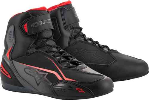 Black and grey motorcycle boots with red accents, featuring a high-top design, lace closure, and Alpinestars logo on the side, suitable for UK size 5.
