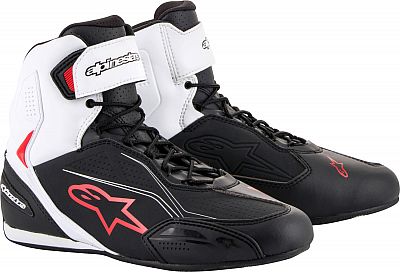 Alpinestars Faster-3 motorcycle boots in black, white, and red, featuring a sleek design, lace-up front, padded collar, and reinforced toe for enhanced protection and comfort.