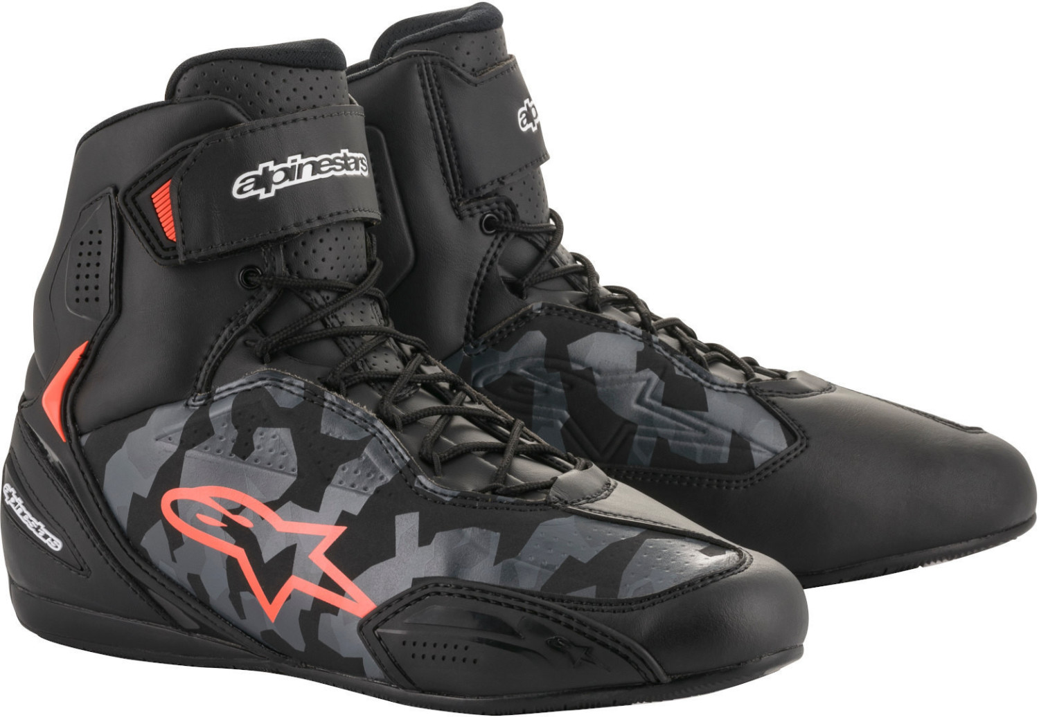 Black and grey camo motorcycle boots with red fluo accents, featuring a lace-up design, padded collar, and reinforced toe and heel for protection.