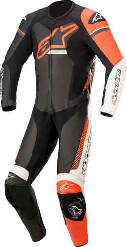 Alpinestars GP Force Phantom one-piece motorcycle leather suit in black, white, and red, featuring a sleek design, reinforced stitching, and protective padding, size 54 for men.