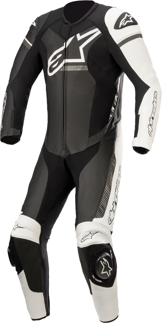 Black, grey, and white Alpinestars GP Force Phantom one-piece motorcycle leather suit, featuring a sleek design, padded shoulders, and knee protection, size 58 for men.