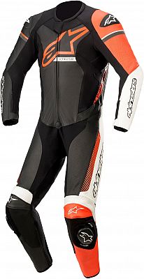 Alpinestars GP Force Phantom one-piece leather motorcycle suit in black, white, and red fluo, featuring a sleek design, reinforced padding, and prominent logo details.