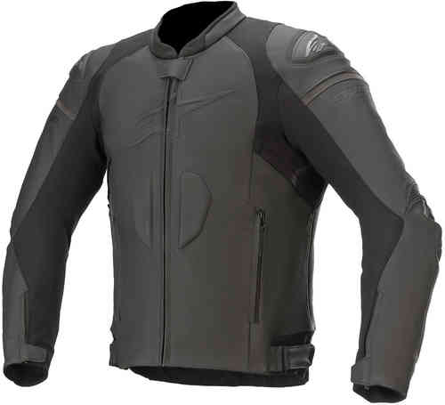 Black leather motorcycle jacket featuring a sleek design, protective padding, zippered pockets, and Alpinestars branding, tailored for a UK size 54 fit.
