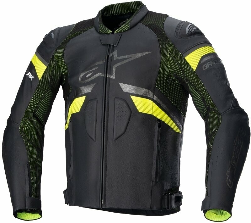 Black leather motorcycle jacket with yellow fluo accents, featuring a textured rideknit material, zip closure, and Alpinestars logo on the chest, size 54 (UK 44).