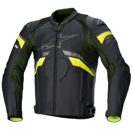 Black leather motorcycle jacket with yellow fluo accents, featuring a textured design, zip closure, and protective padding, designed for optimal comfort and safety.