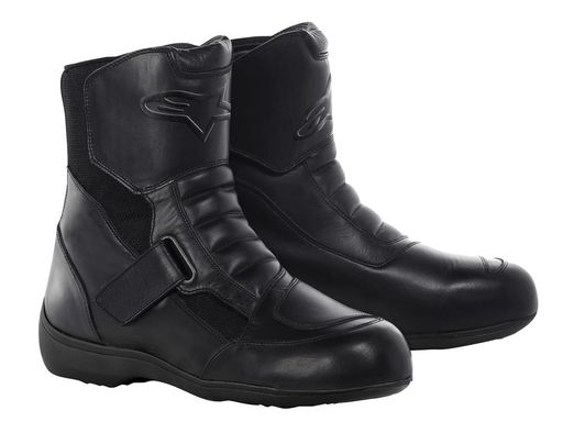 Black Alpinestars New Land Gore-Tex motorcycle boots, size 37 for men, featuring a sleek design, leather material, adjustable strap, and mesh panels for breathability.