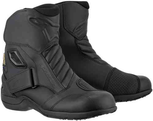 Black Alpinestars New Land Gore-Tex boots in size 38, featuring a sleek design, textured panels, adjustable strap, and reinforced toe for enhanced protection and comfort.