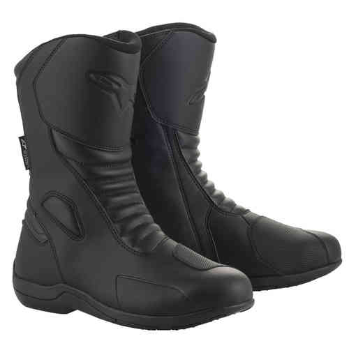 Black Alpinestars Origin Drystar boots, size 39 EU, featuring a sleek design with textured panels and a durable material for enhanced protection and comfort.