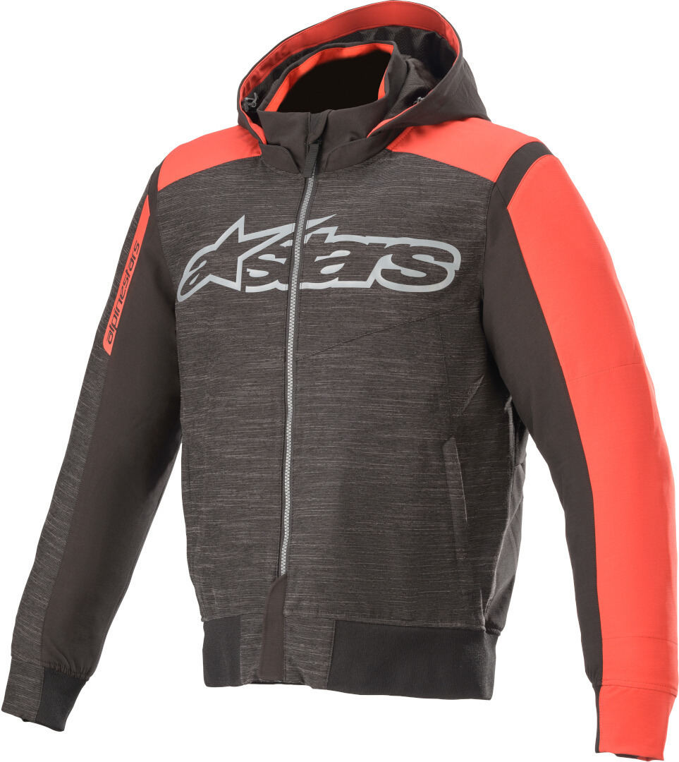 Bright red and dark gray Alpinestars Rhod Windstopper motorcycle hoodie in 4XL, featuring a zip front, hood, and prominent logo on the chest.