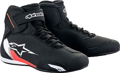Black and light red Alpinestars Sektor shoes, featuring a sleek design, lace-up front, ankle support, and a prominent logo on the side, in size 6.5 US.