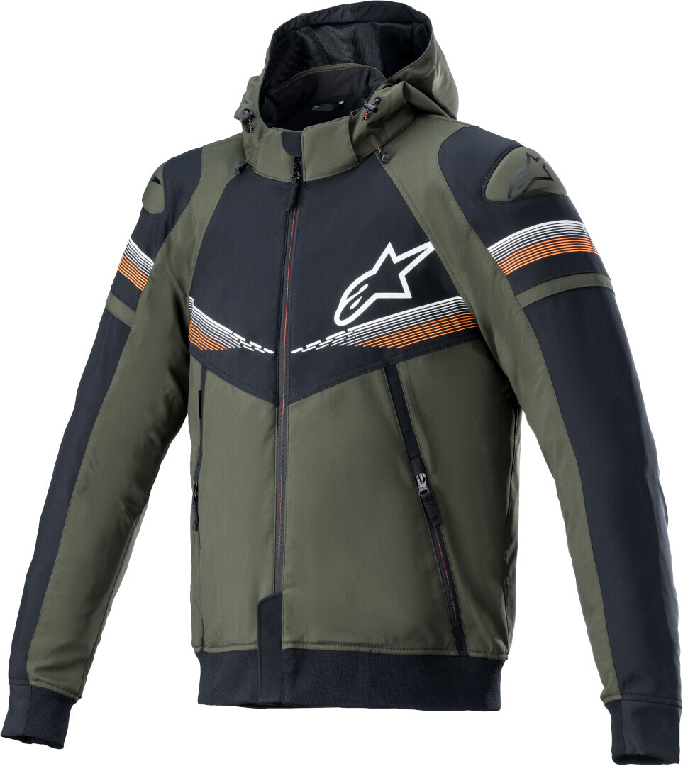 Alpinestars Sektor V2 Tech Motorcycle Hoodie in forest green, black, and orange fluo, featuring a zip front, adjustable hood, and logo detailing on the chest and shoulders.