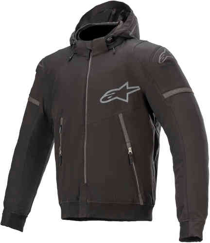 Black Alpinestars Sektor V2 Tech textile jacket in size XXL features a hood, zippered front, and reflective logo on the chest, designed for style and protection.