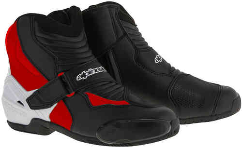 Alpinestars SMX-1 R motorcycle boots in black, white, and red, featuring a sleek design, protective padding, and a secure strap closure, size 43 (UK 9).