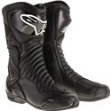 Black motorcycle racing boots with a sleek design, featuring a zip closure, textured panels, and the Alpinestars logo prominently displayed on the side.
