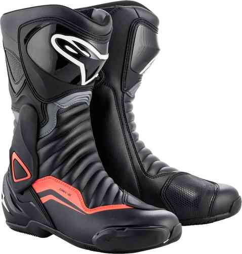 Black and grey motorcycle boots with red fluo accents, featuring a sleek design, reinforced toe and heel, and a textured sole for grip, ideal for riding.