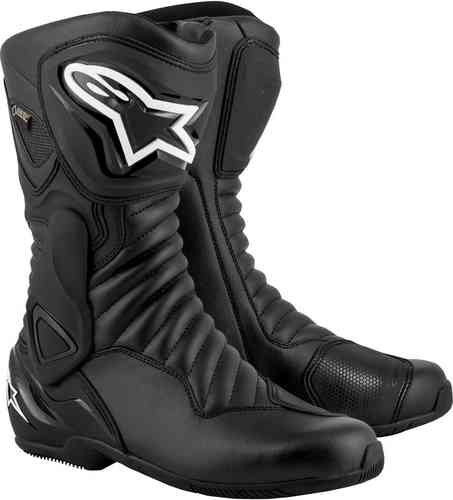 Black Alpinestars SMX-6 V2 Gore-Tex motorcycle boots featuring a sleek design, textured panels, reinforced toe, and prominent logo, sized UK 15.