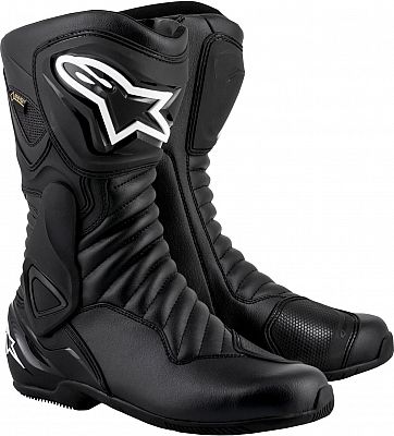 Black Alpinestars SMX-6 V2 Gore-Tex motorcycle boots featuring a sleek design, textured panels, reinforced toe, and prominent logo, sized UK 16.