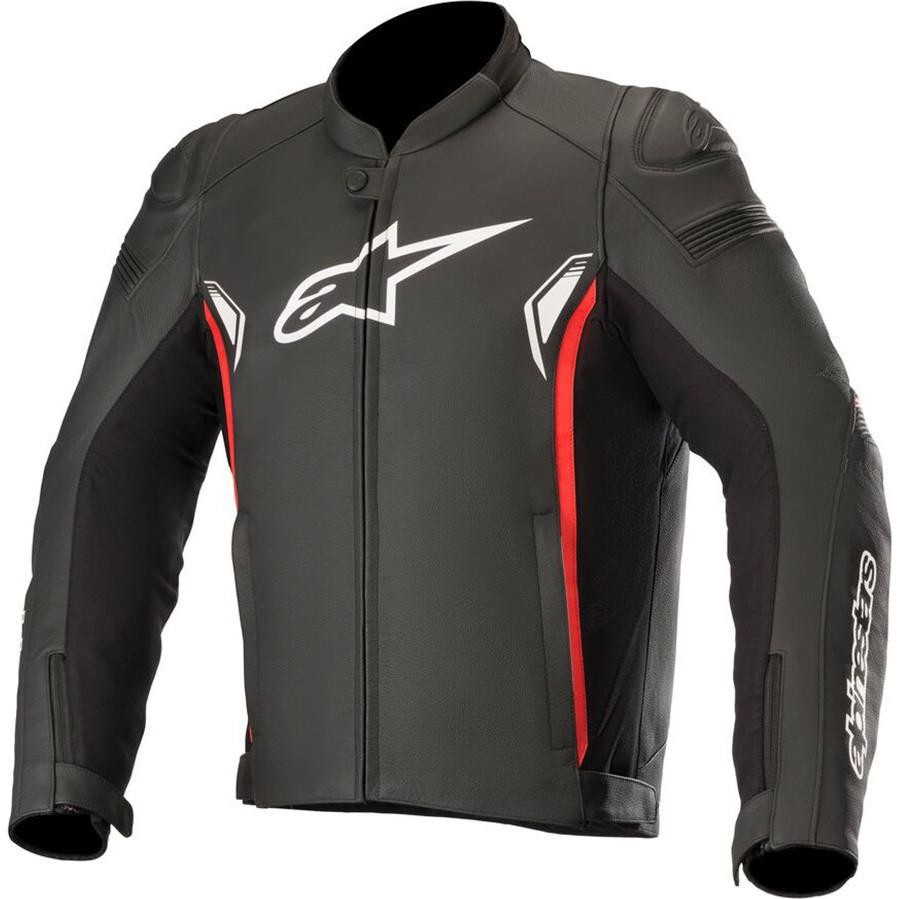 Black leather motorcycle jacket with bright red accents, featuring a prominent white Alpinestars logo, CE certification, and a sleek design, size 46 (UK 36).