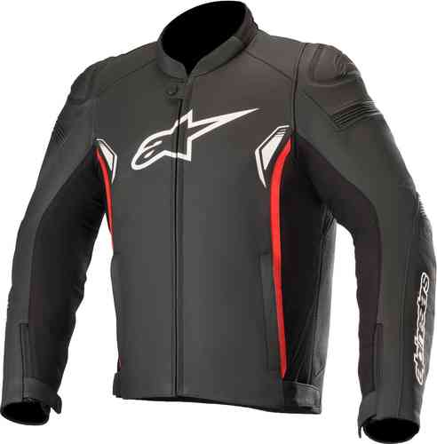 Black leather motorcycle jacket with bright red accents, featuring a prominent white Alpinestars logo, CE certification, and protective padding on shoulders and elbows.