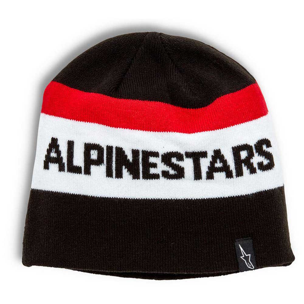 Black beanie featuring a bold red and white stripe with "ALPINESTARS" knitted in large letters, made from soft, warm material, ideal for cold weather.