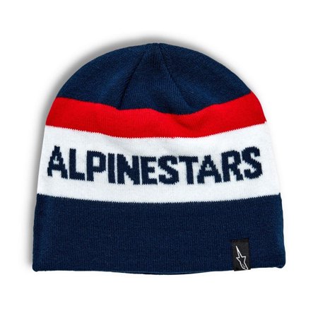 Navy beanie featuring a bold white and red stripe with "ALPINESTARS" text, made from soft knit material, designed for a comfortable fit.