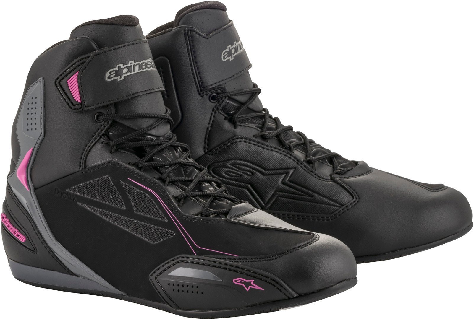 Black and dark grey motorcycle boots for women, featuring fuchsia accents, a sleek design, lace-up front, and reinforced ankle support, size US 11.5 (UK 10.5).