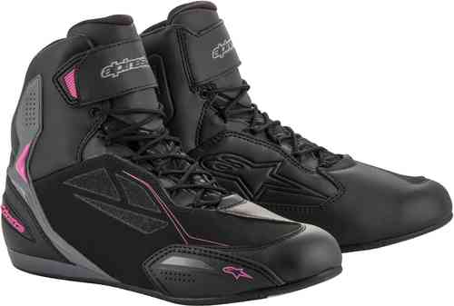Black and dark grey leather motorcycle boots for women, featuring fuchsia accents, lace-up front, and protective elements, sized US 11 (UK 10).
