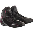 Black and dark grey motorcycle boots with fuchsia accents, featuring a lace-up design, reinforced toe and heel, and a sleek, sporty silhouette, sized US 8 (UK 7).