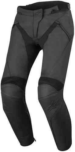 Black leather motorcycle trousers for ladies, featuring a sleek design, mesh panels for ventilation, and protective padding at the knees, size 50 by Alpinestars.
